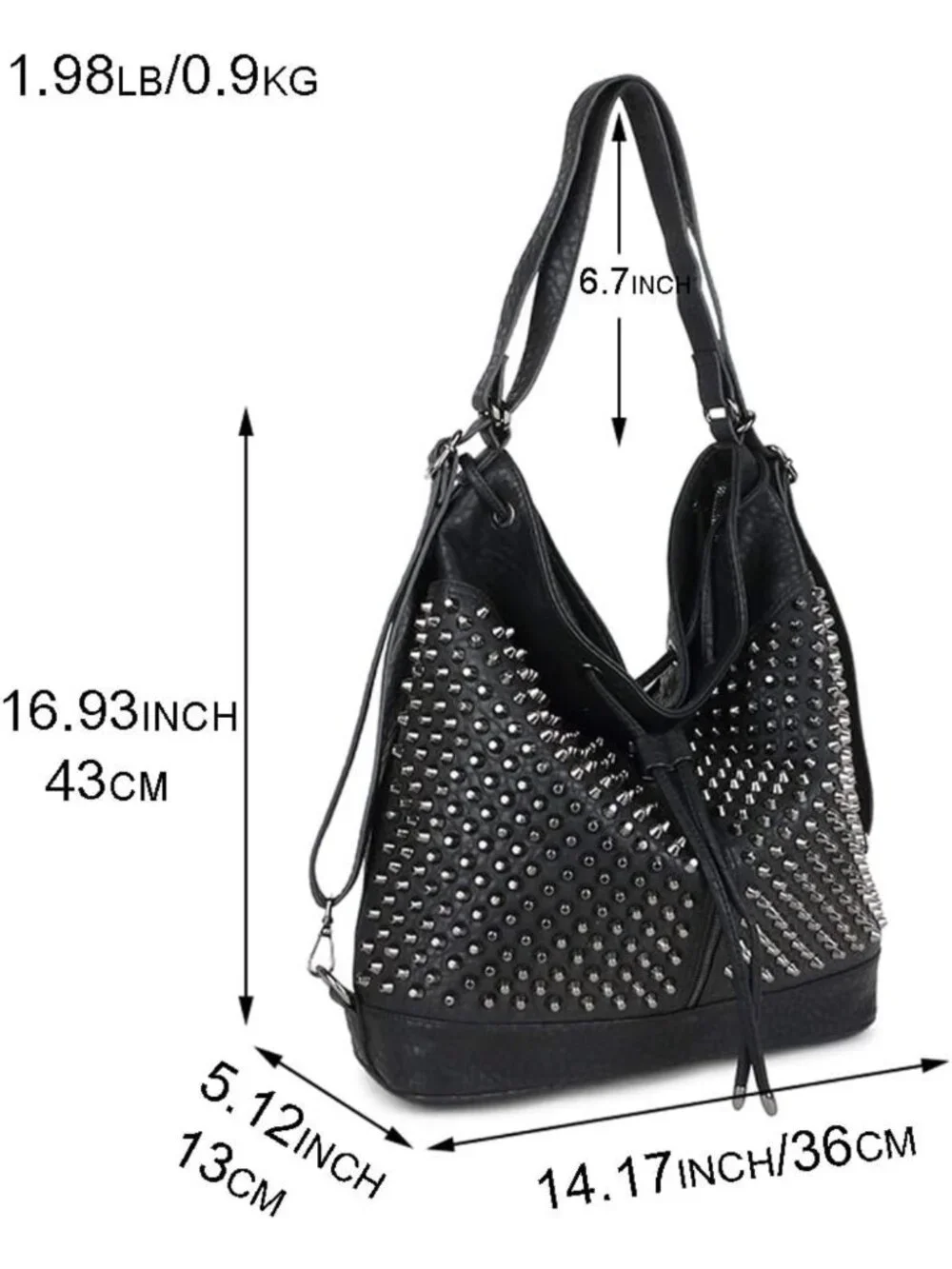 Oversized Studded Bucket Bag for Women - Vegan Leather, 3-Way Backpack, Punk